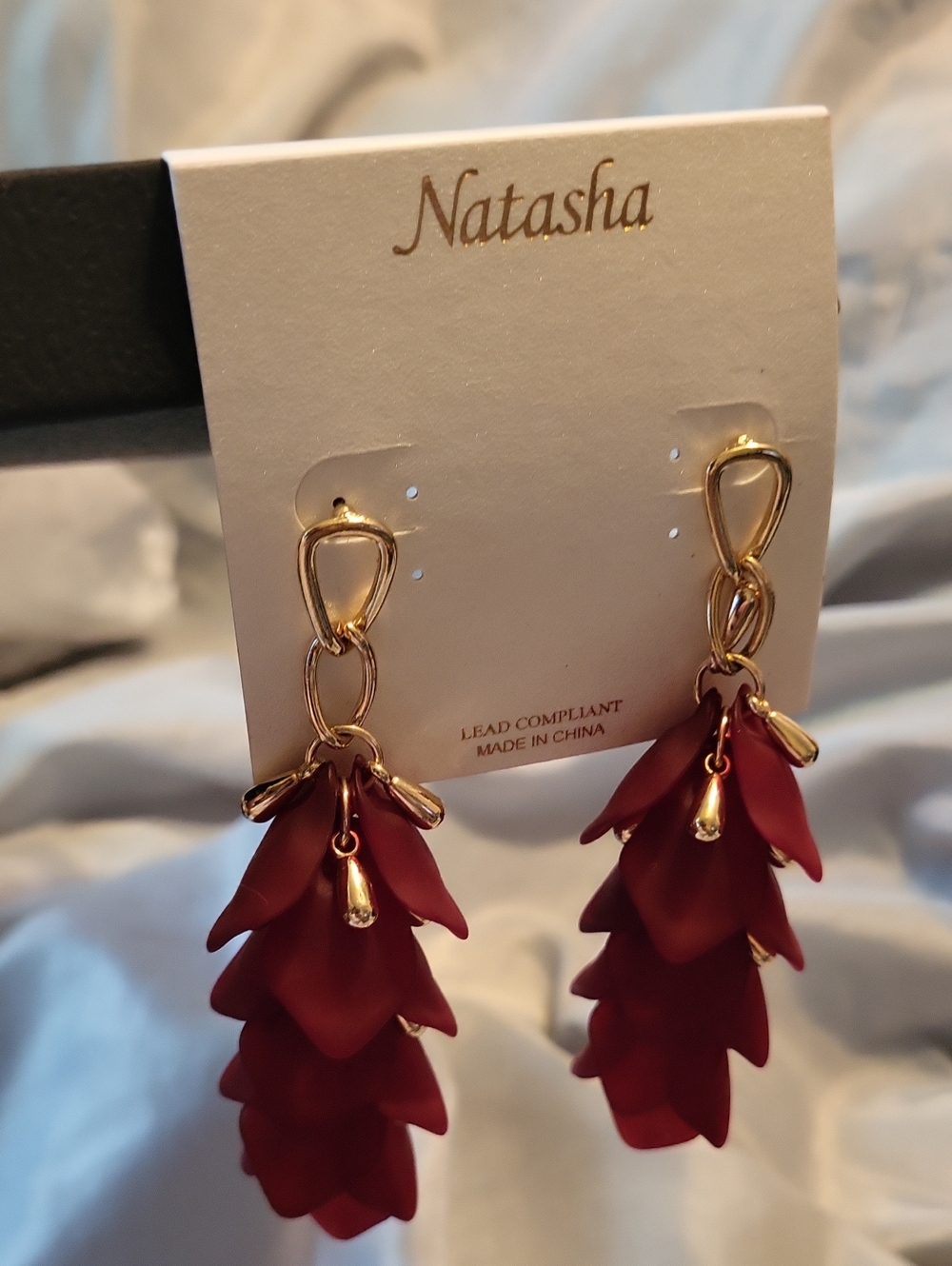 Natasha Couture Burgundy Petal Drop Earrings with Gold Tone Hardware TL